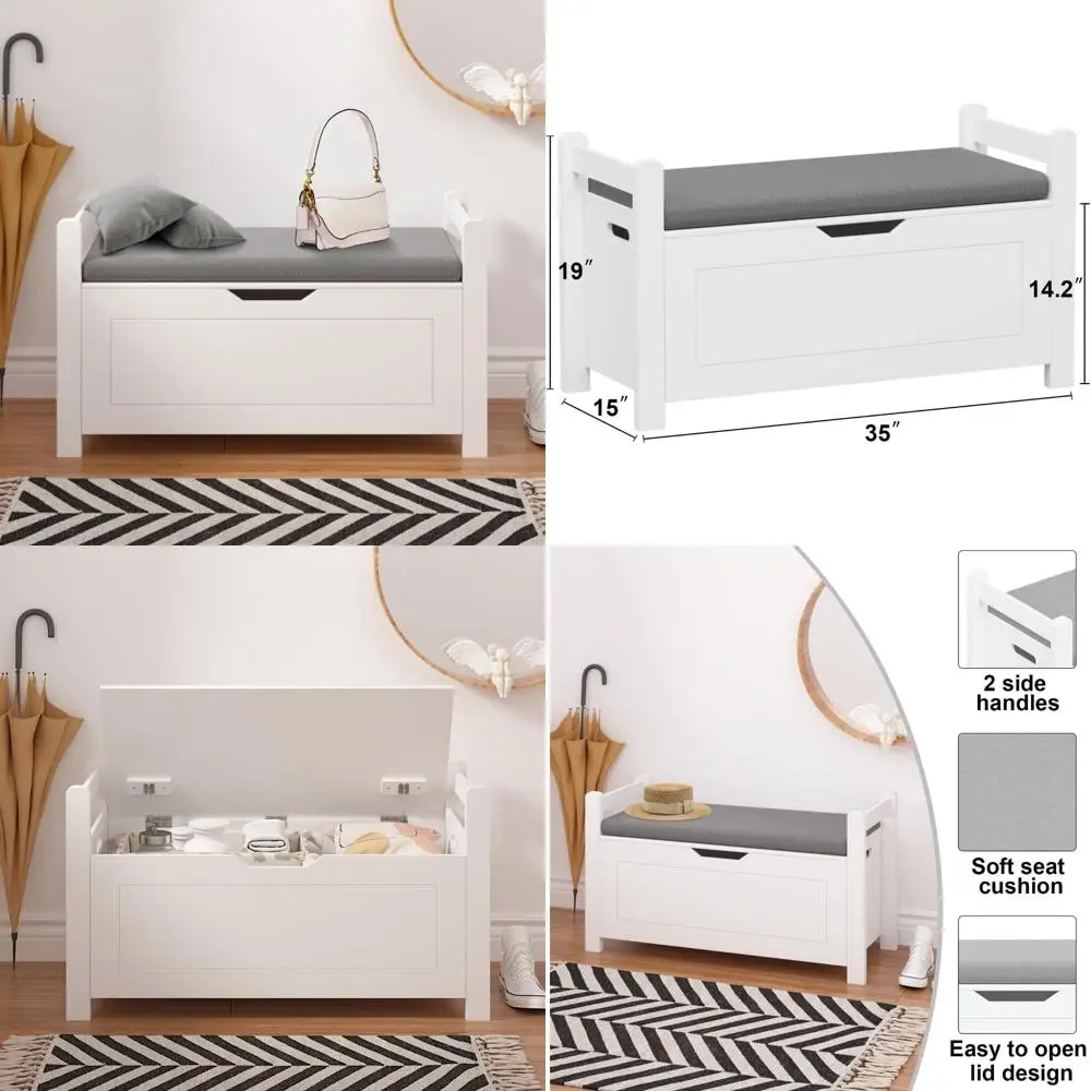 

Storage Chest, Entryway Storage Bench with Cushion Seat, Storage Trunk, Wooden Toy Box with 2 Safety Hinges, Shoe Bench, for Ent