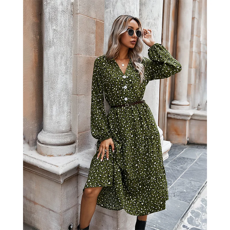 

Women's Long Sleeve Dress Leopard Print Loose V-neck Large Swing Dress White Casual Fashion Suitable For Fall/winter 2023 Dress