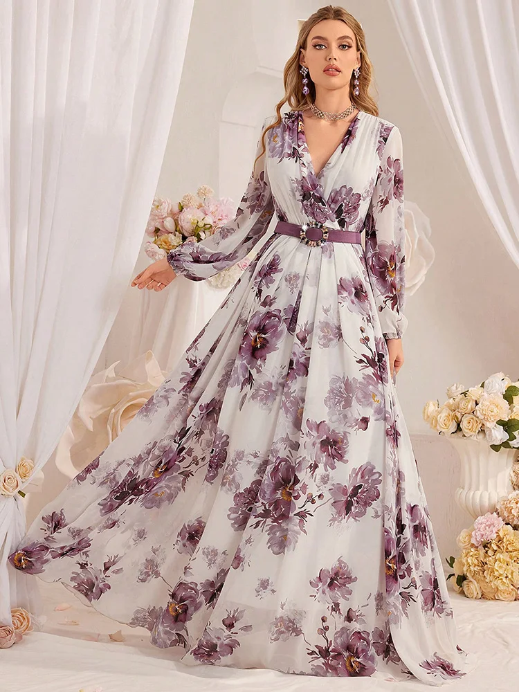 TOLEEN 2024 Sommer Damen Blumenmuster Urlaub Lässige Elegante Kleider Mode Mesh Laterne Ärmel Gürtel Arabisch Langes Kleid