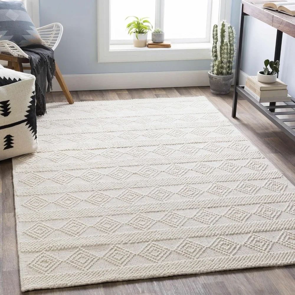 

Bolinger Handmade Moroccan Farmhouse Area Rug Bohemian Wool Carpet High Low Trellis Pattern White - 5' x 7'6"