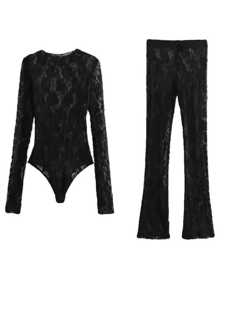 Lace Bodysuit Women's Bodysuit Auutmn Black Cutwork O-Neck Long Sleeves High Spandex Bodysuits Sexy Lingerie For Fine Women