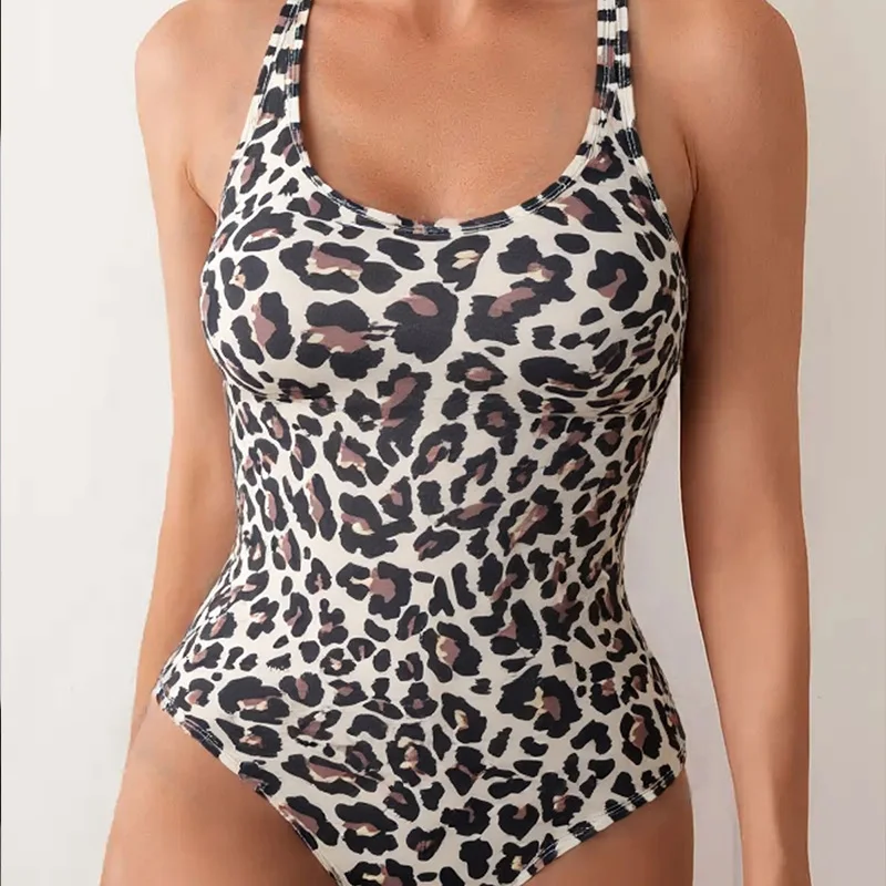 Traje de baño triangular de una pieza para mujer, deportivo, térmico, para vacaciones, adeazante, con estampado de leopardo...