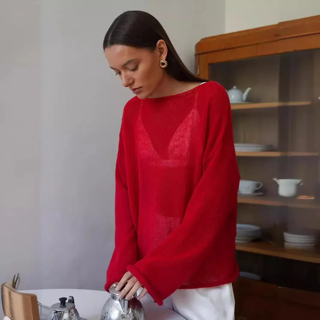 Knitted Shirt Hollow European and American Spring/Summer New Women's Perspective Thin Horn Sleeve Knitted T-shirt 2026 New