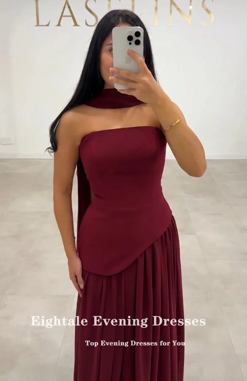 Eightale-vestido de noche árabe sin tirantes, plisado, sin mangas, color Burdeos, vestido de fiesta musulmán personalizado, vestido de fiesta de boda, sirena