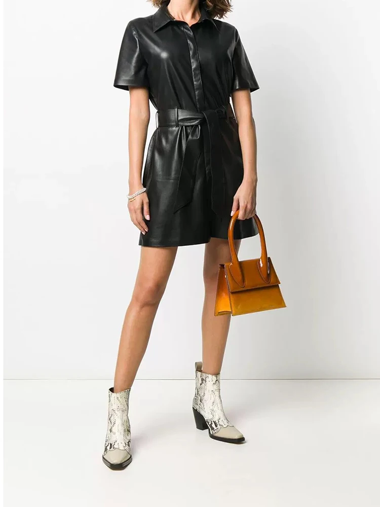 

Artificial leather short dress temperament commuter belt Slim short-sleeved women's dresses 2024 summer new
