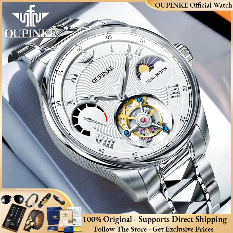 OUPINKE 8001 Tourbillon Watch High Luxury All Automatic Mechanical Watch notch Hollow out  Moon Phase Tungsten Steel Men Watch