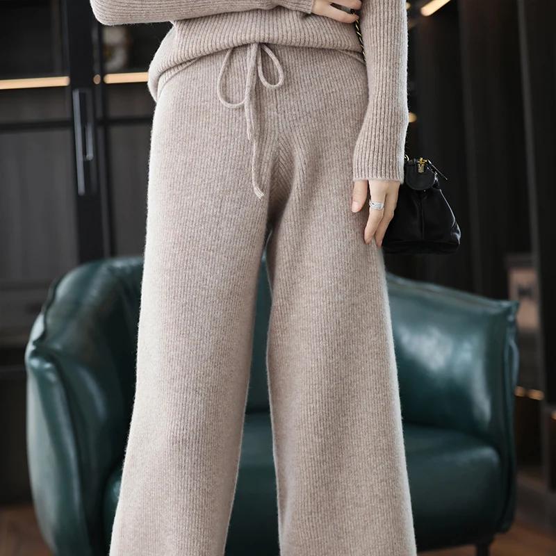 

Winter Knitted Pants Women' Small Horn Thickened Pure Wool Loose And Thin High Waist Wide Leg Pants Cashmere Outer Wear Trousers