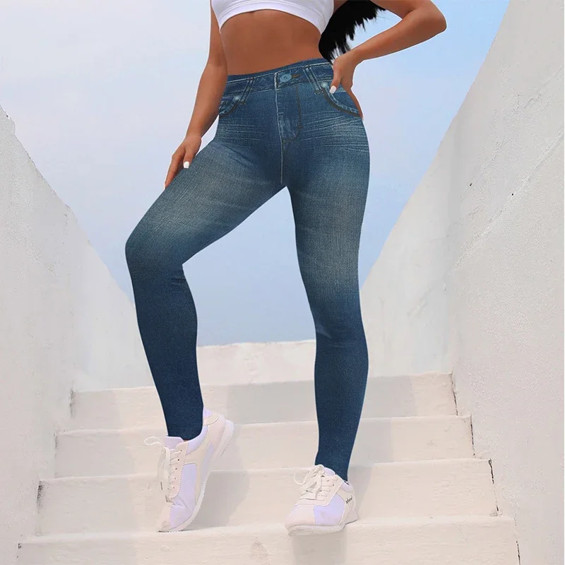 Mulheres jeggings falso denim jeans leggings cintura alta controle de barriga magro leggins impresso lápis calças sem costura calças magras