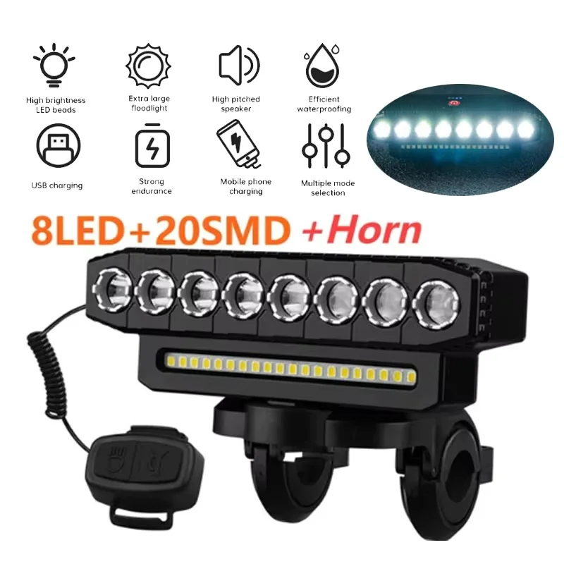 8 LED Bike Front Light Cycling Bike Headlight with 130dB Horn 6 Lighting Modes MTB Road Bicycle Bell Front Light Easy to Install