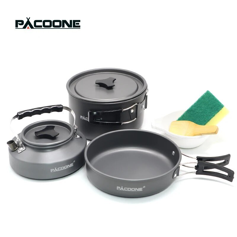  PACOONE Camping Cookware Set Portable Cookware Kit Outdoor Pot Cooking Water Kettle Pan Set Tableware Hiking Picnic Equipment 