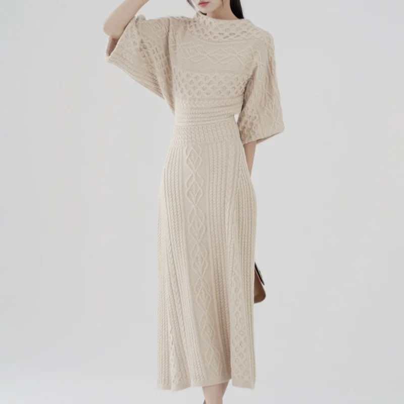 Robe longue tricotée à manches mi-longues pour femmes, élégante, mode Vintage française, Simple, polyvalente, taille fourreau, automne hiver