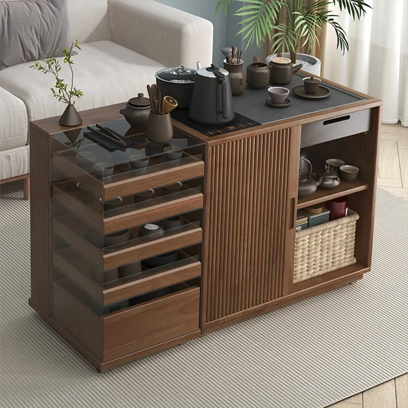 

Solid wood table rack, tea set storage tea table display, sofa side table corner, movable side cabinet