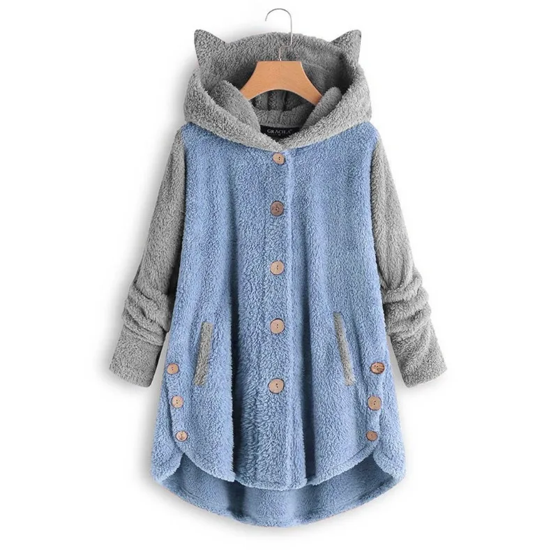 Soffice cappotto con cappuccio donna autunno inverno felpe con cappuccio in peluche femminile Kawaii orecchie di gatto cappotti a maniche lunghe femminile caldo bottoni Casual top