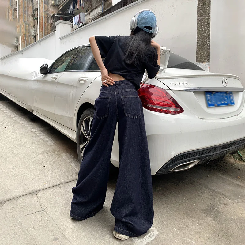 Street Y2K New Harajuku Dark Blue Solid Wash Loose Jeans Women\'s Fashion Retro Casual Slimming High Waist Floor Slam Pants