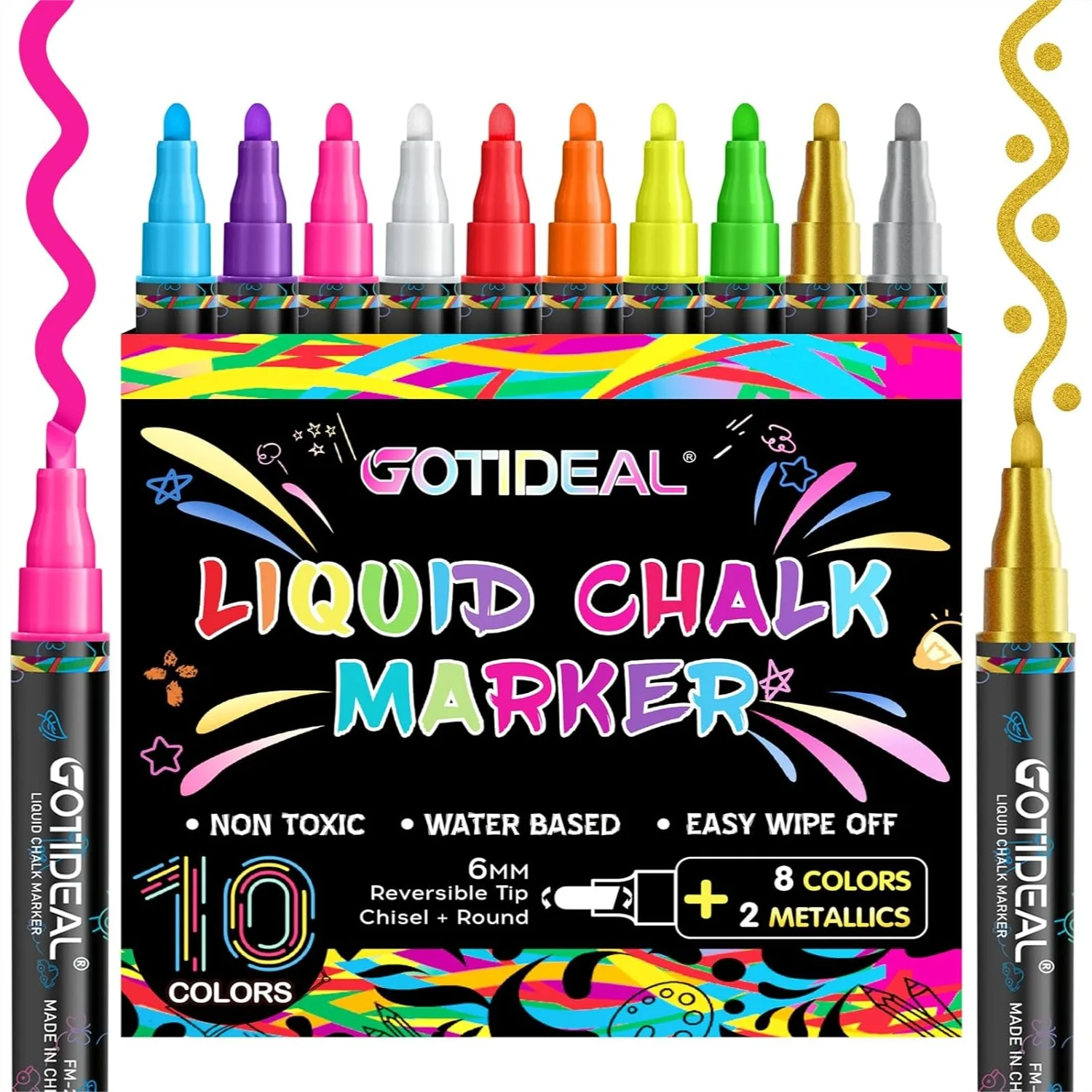 

10 Color Liquid Chalk Markers for Blackboard with Reversible Tips, Erasable & Washable for Glass, Car, Window, Calendar, Sign