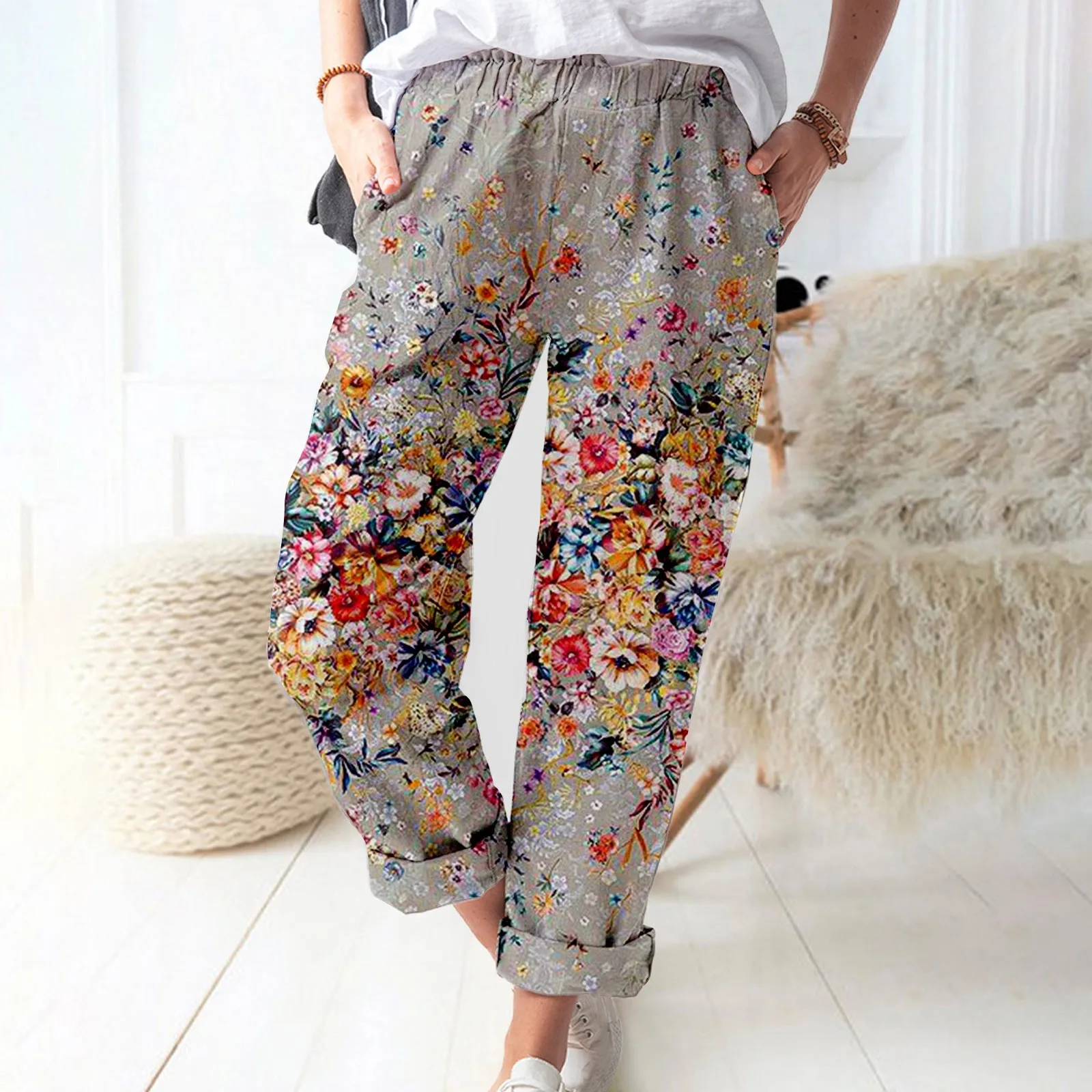 

Women Summer Autumn Print Joggers Loose Wide-Leg Pant Sportwear High-Waist Straight-Leg Casual Pocket Loose Long Trouser 2023