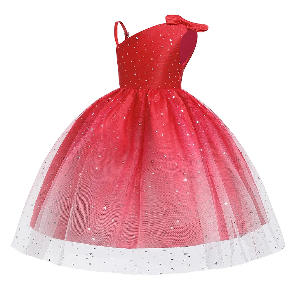Fluffy Star Sequin Slant Shoulder Girls Dress Elegant Princess Party Wedding Bridesmaid Gown Birthday Girl Clothes Summer Dresse
