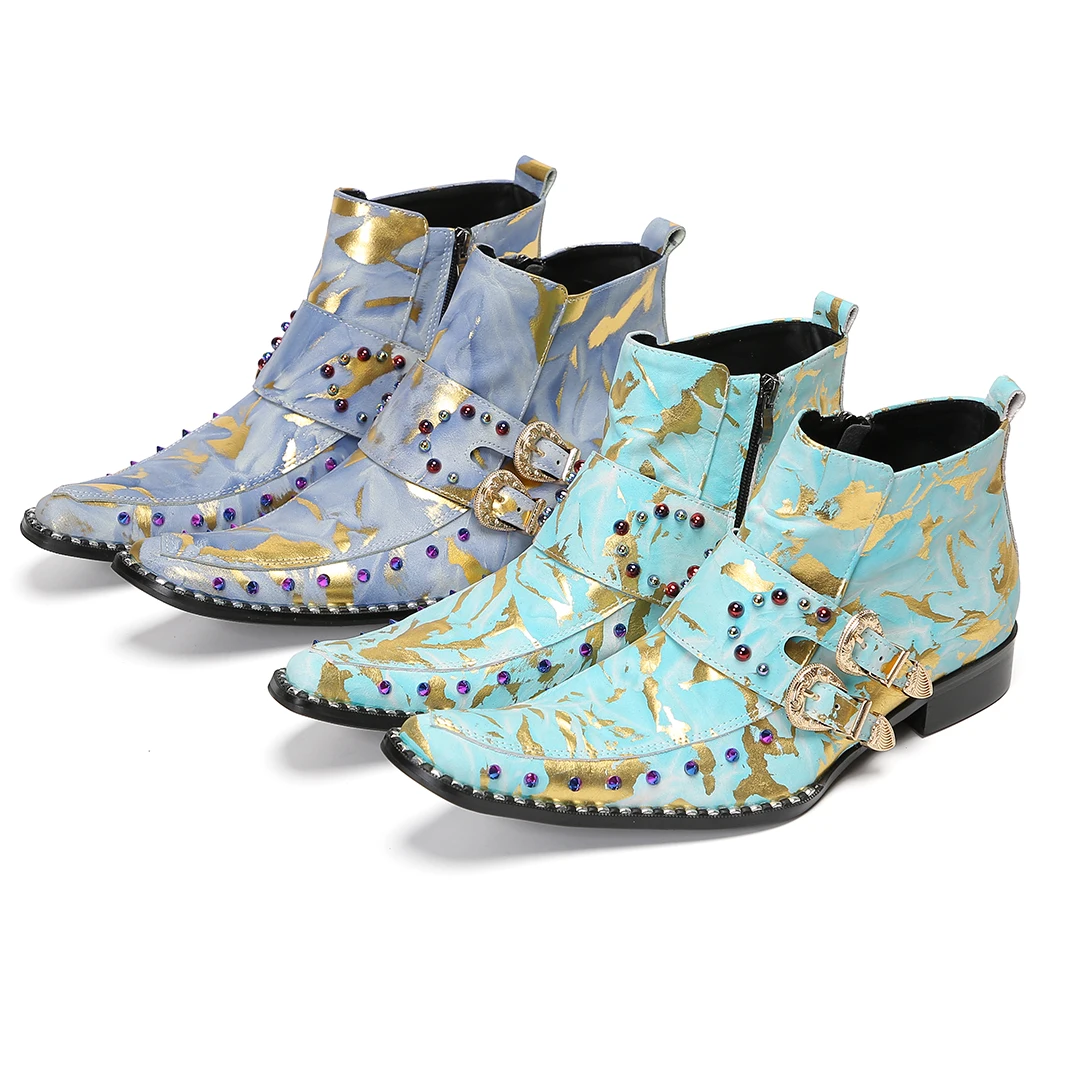 Men Shoes New Breathable Ankle Boots Fashion Square Boots Korean Edition Youth Zipper Assorted Colors Printed Leather Boots