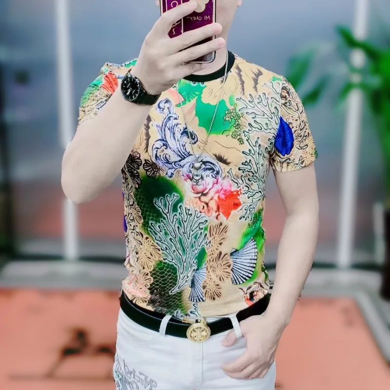 

Men's Clothing Summer Thin Fashion Pattern Short-sleeved Graphic T-shirt Trendy Color Slim-fit Half-sleeve Top