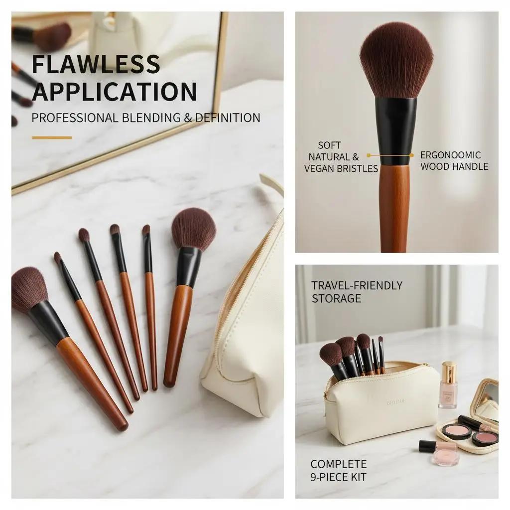 

Профессиональный набор косметических инструментов из 9 предметов для нанесения тонального крема и растушевки теней для век, натуральные и синтетические веганские щетинки из шерсти E