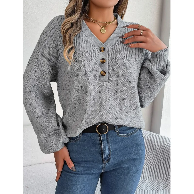 Autumn And Winter Casual Solid Color Loose V-neck Button Lantern Sleeve Sweater Women's Long Sleeved Versatile Pullover Sweater