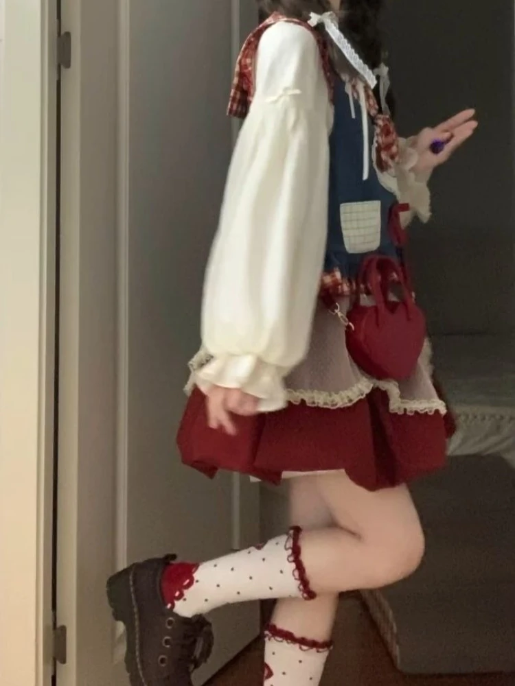 Frühling Süße Vintage Elegante Frau 3-teilige Sets Lolita Spitze Schleife Weste + Langarm Bluse + Rock mit hoher Taille weibliche Y2k Outfits