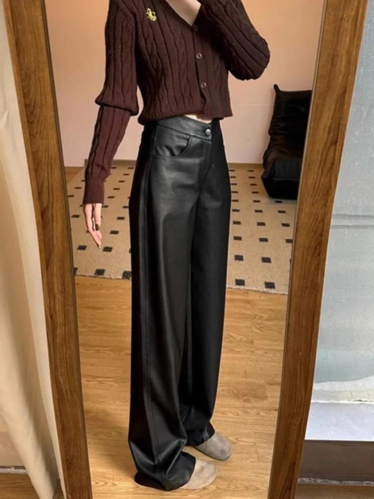 2025 vendita calda moda donna pantaloni in ecopelle vita alta slim fit dritto pantaloni a gamba larga primavera autunno pantaloni casual da pavimento