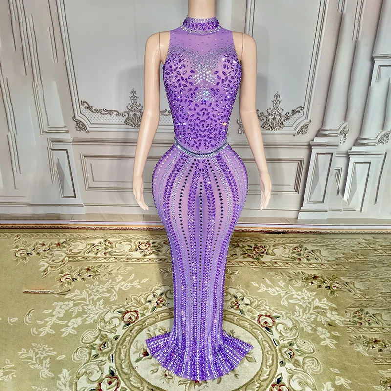 Abito da festa lungo senza maniche di grandi dimensioni con strass argento lucido sexy - Collo a coda di pesce, abiti decorati con cristalli di design avvolgente sui fianchi