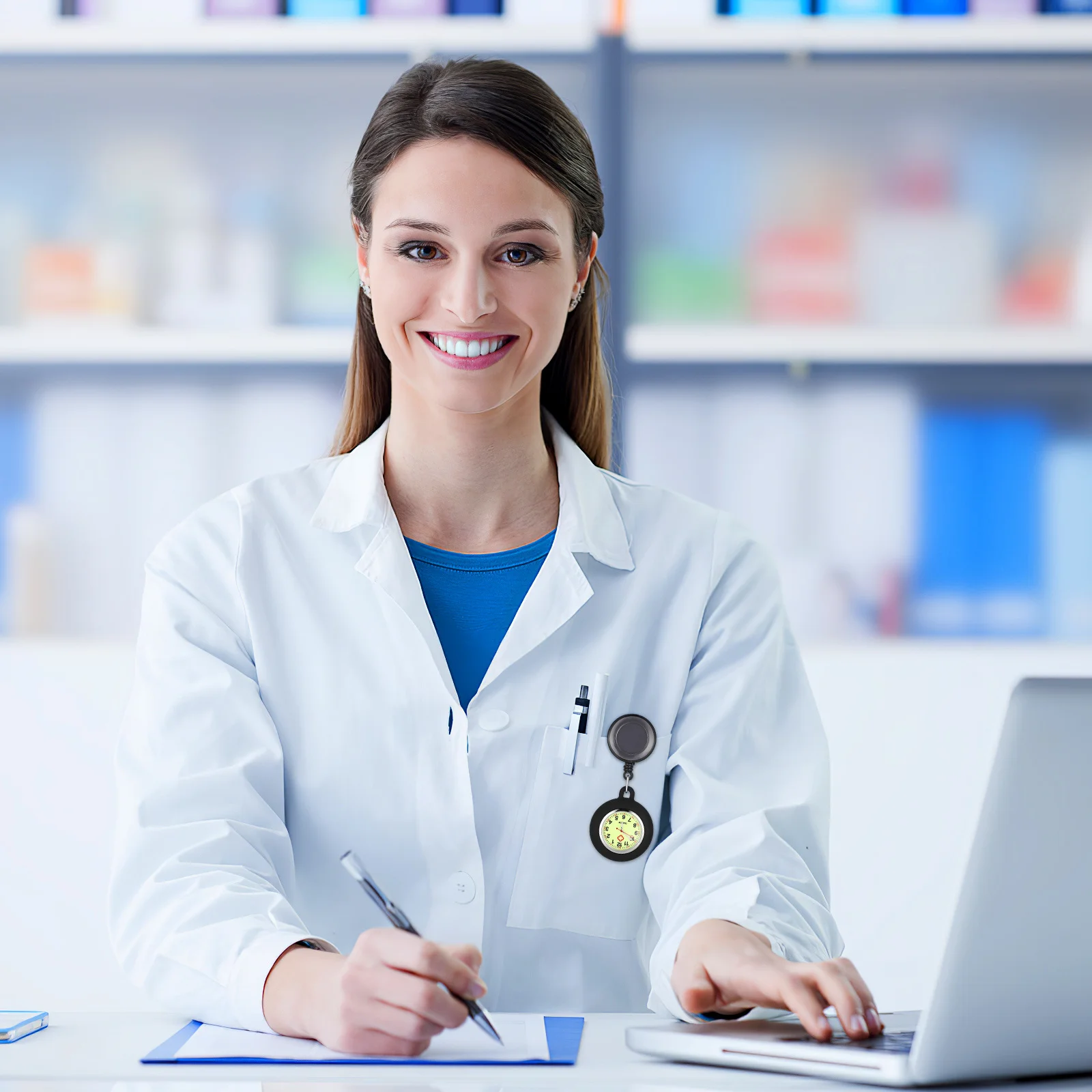 

Badge Reel Night Luminous Doctor Pocket Watch Smiling Face Clip-on Pocket Hanging Watch Lightweight Accurate Timekeeping Black