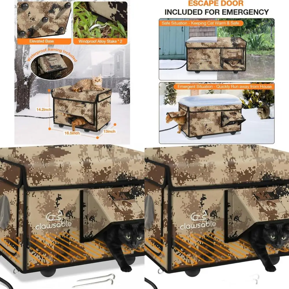 

Weatherproof Outdoor Heated Cat Shelter, Insulated Safe House for Feral Cats, Desert Camo, 13x17x12.6