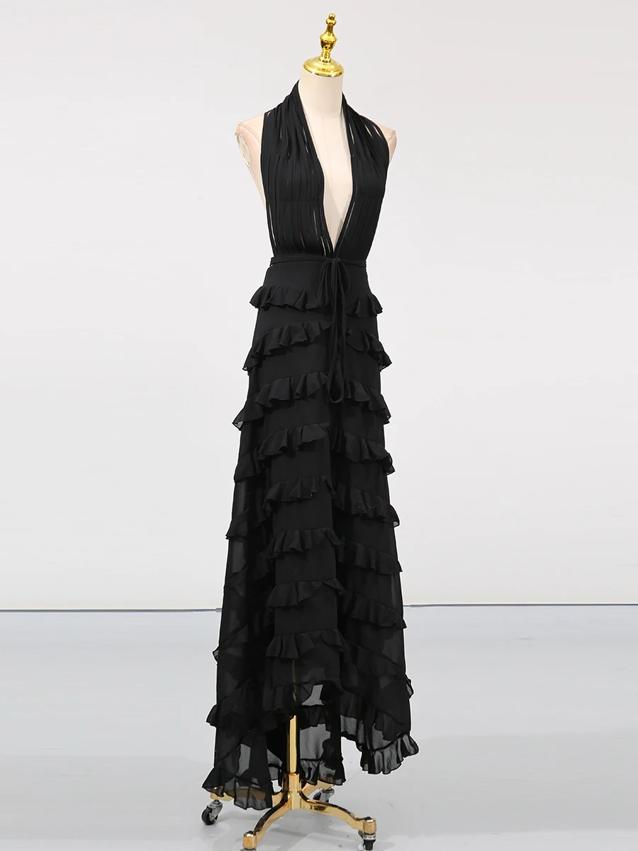 Vgh sexy emendado rendas até maxi vestido para mulher halter sem mangas cintura alta retalhos fungo temperamento em camadas vestidos femininos