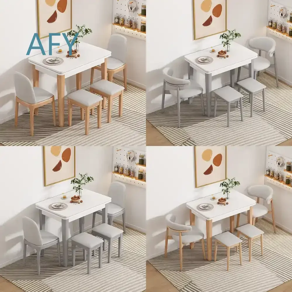 Solid Wood Rock Slab Folding Dining Table and Chair Set for Small Apartment Retractable Extendable Dining Table Chair Combo