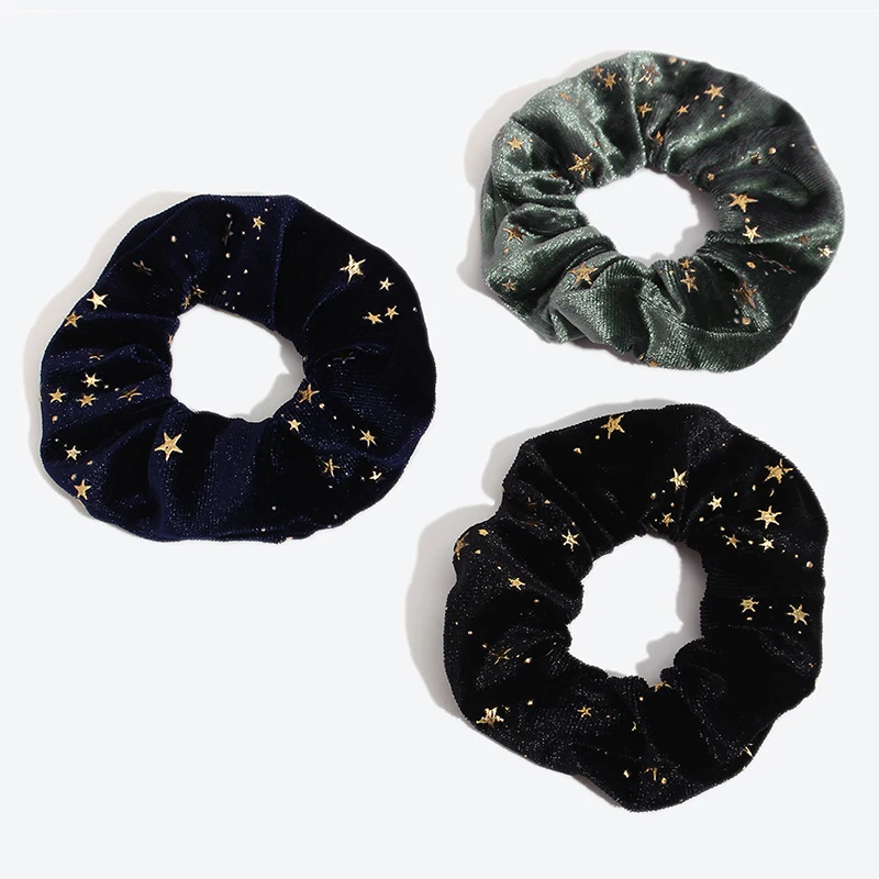 ROXI |  Black Velvet Scrunchies for Women and Girl Korean Gold Star Elastic Hair Bands Ponytail New Style