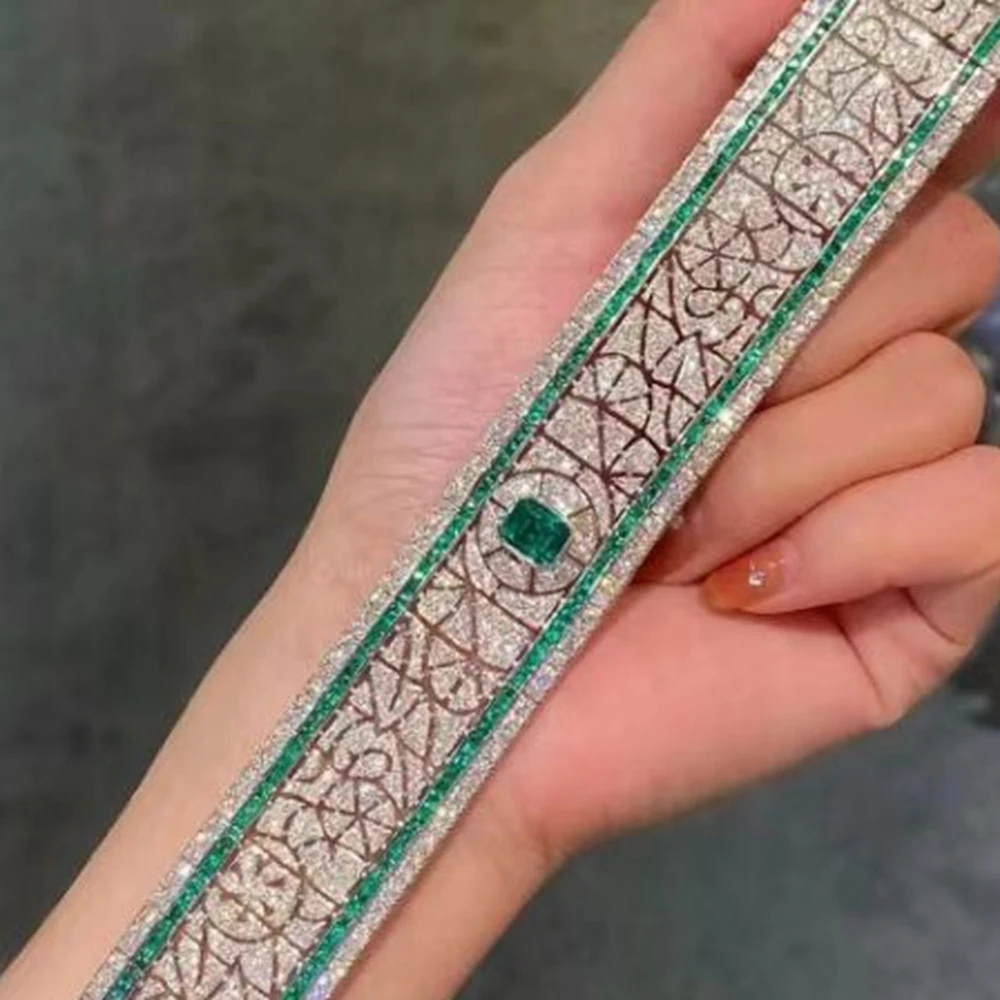 

Wide Lab Created Emerald Green High Carbon CZ Diamond 925 Sterling Silver Bracelet Bangle for Women Fine Jewelry Wedding Party