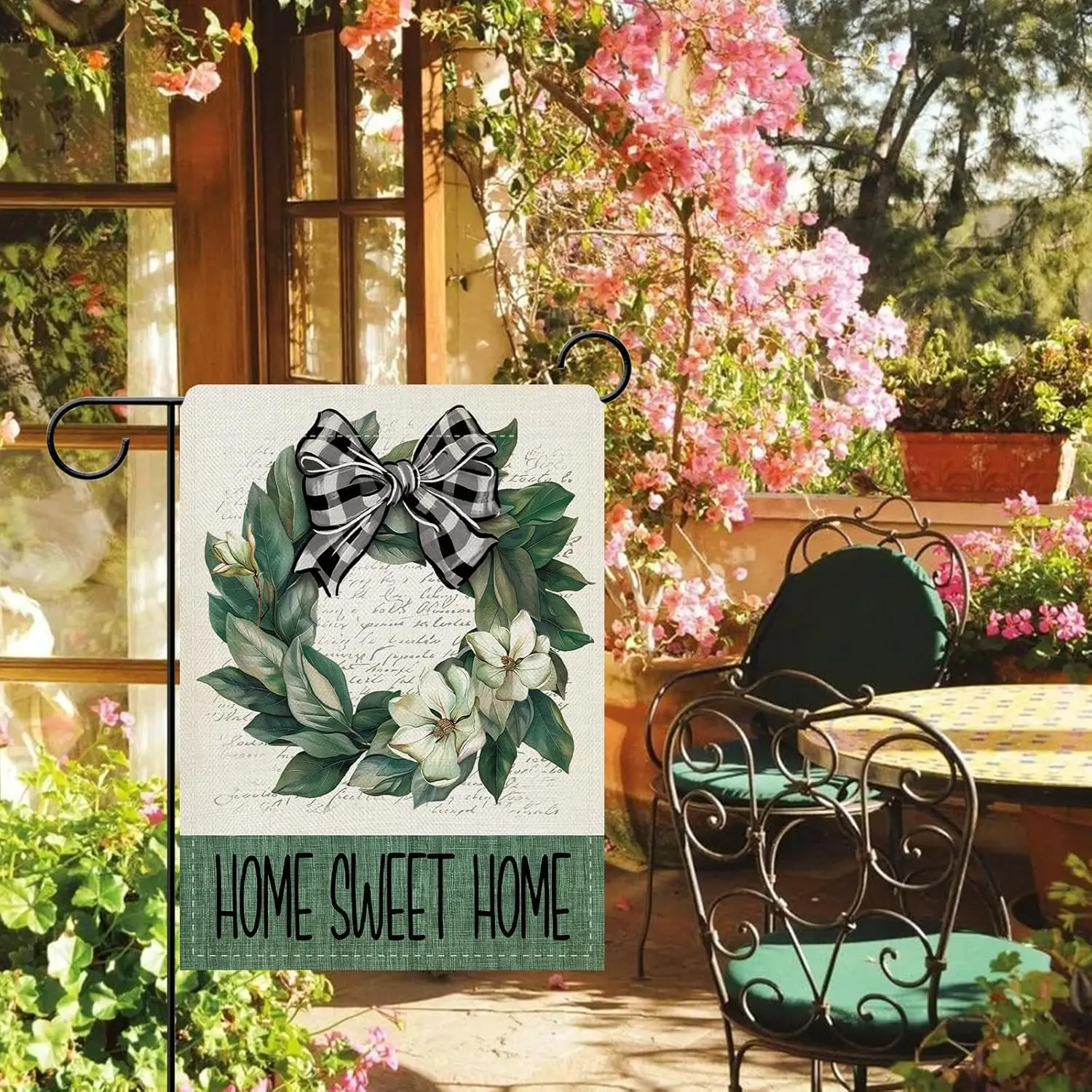 Dyrenson Home Sweet Home Wreath Decorative Garden Flag, Vintage Flower Buffalo Plaid Bow Yard Outside Home Decoration, Sprin IIC