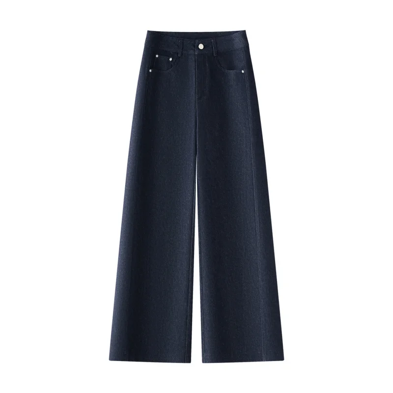 جينز أزرق ضيق مستقيم الساق من قماش الدنيم بنطال ذو قصة أرجل واسعة للنساء للربيع والخريف للتخسيس عالي الخصر ثنيات فضفاضة أزرق داكن طويل