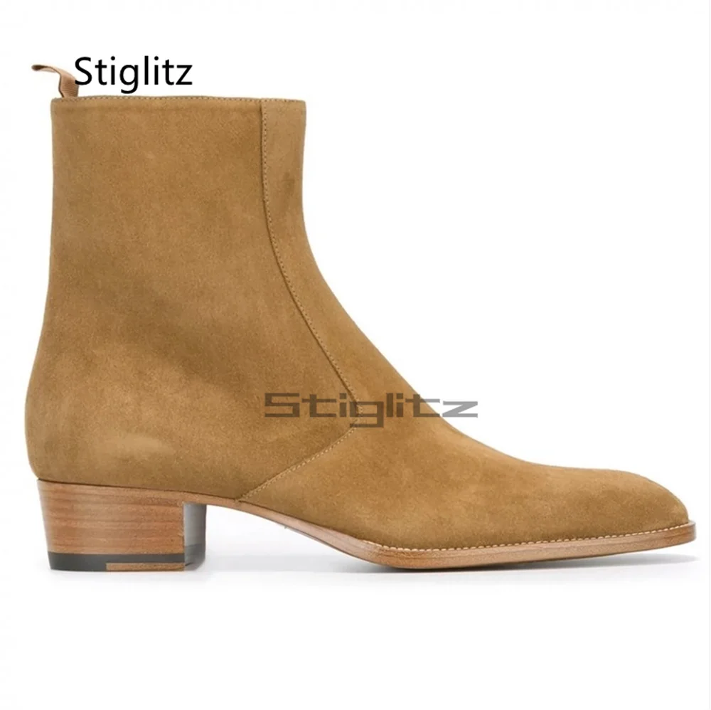 جلد الغزال الرجال تشيلسي الأحذية جولة تو الجانب سستة الكاحل الأحذية النمط البريطاني أزياء مريحة الدافئة الذكور الشتاء الأحذية #5