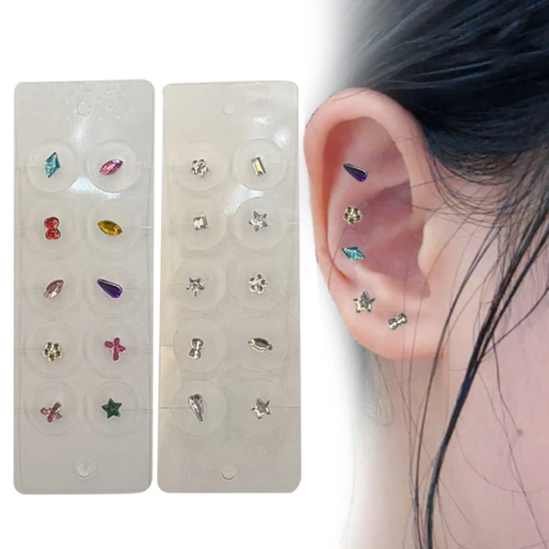 10 Patches Fashion Colorful Rhinestone Pearls Ear Point Stickers Ear Pressure Stick Acupuncture Auricular Ear Stickers Massage