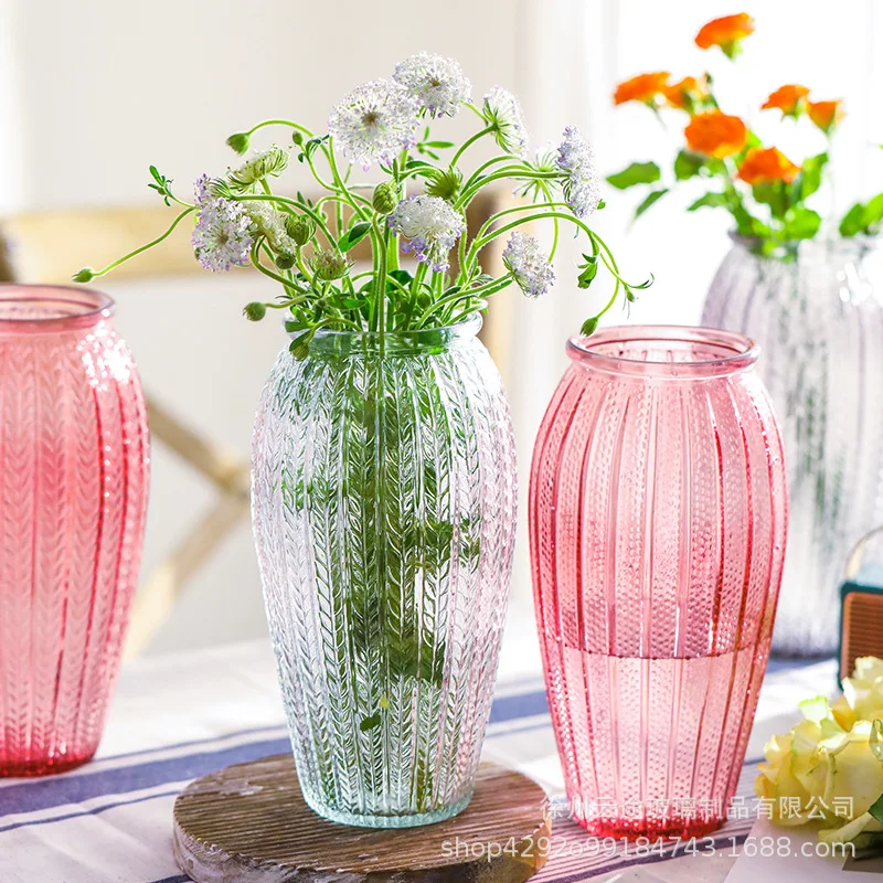 Lantern Glass Vase Large Transparent Colored Wheat Ear Vase Large Diameter Living Room Decoration Dry Flower Flower Arrangement