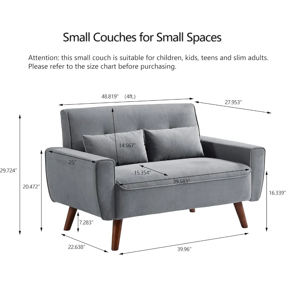 Sofá de dos plazas moderno de mediados de siglo con cojines traseros y patas de madera para comodidad en la sala de estar