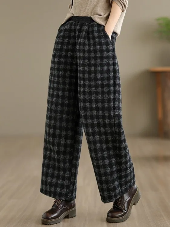 الرجعية بنطال ذو قصة أرجل واسعة الصوفية تويد الخريف الشتاء Faion عادية منقوشة Bellovi المرأة حجم كبير بنطلون في Sle #1