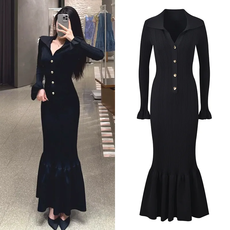 

ZJYT Autumn Winter 2025 New Fashion Women's Long Knitting Sweater Dresses Black Flare Sleeve Slim Mermaid Party Evening Dress