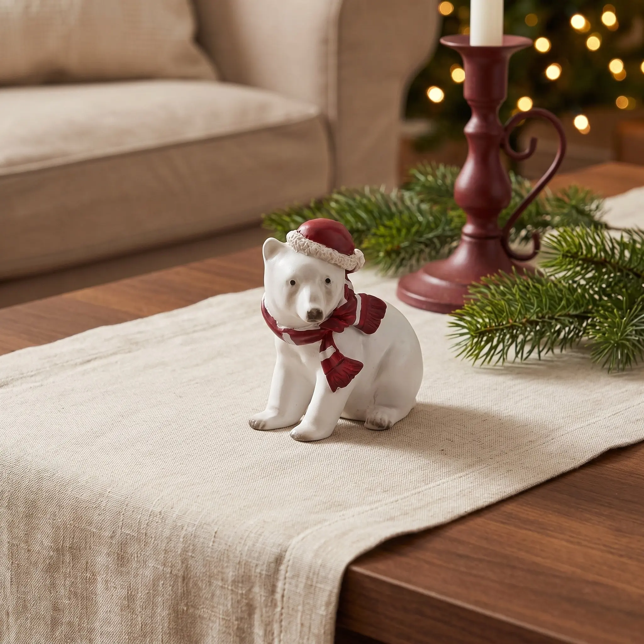 Christmas Sitting Polar Bear Resin Figurine with Santa Hat Collectible Statue Shelf Sitter Ornament for Xmas Tabletop Home