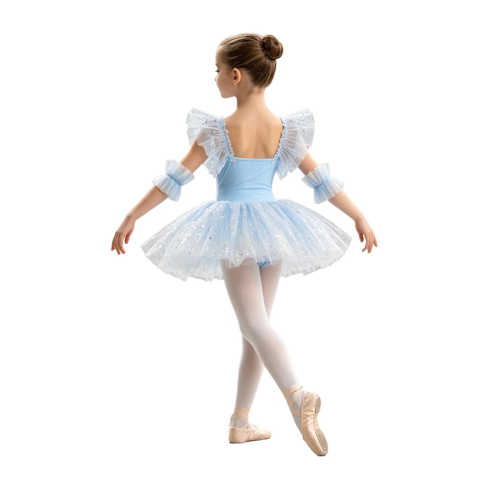 Teen Girls Ballet Tutu Dress Sequin Applique Tulle Princess Dress with Cuffs Pantyhose Ballerina Stage Performance Dancewear