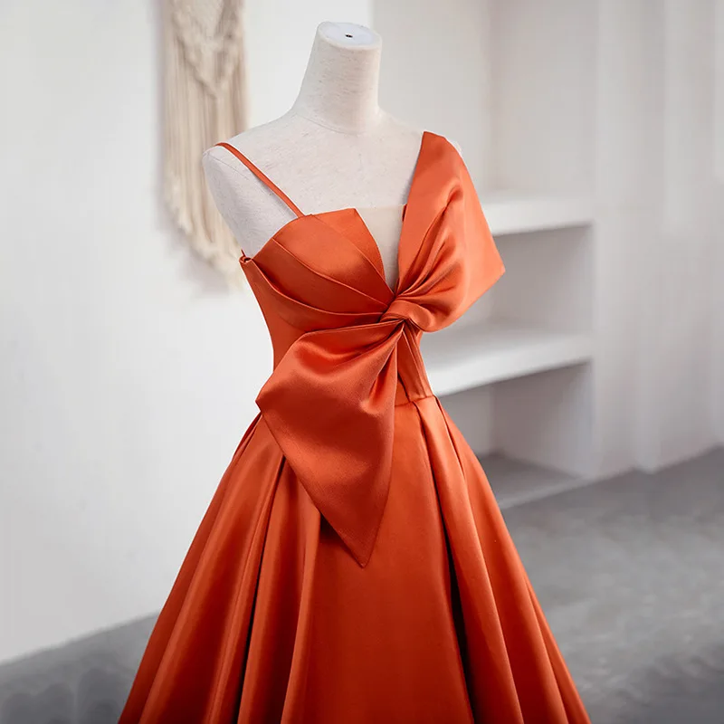 Robe de soirée élégante pour femme, ligne A, orange, rouge, bretelles spaghetti, nœud plissé, robe de soirée formelle, coupe couvertes, longue robe de Rh, robe de festival, #18199