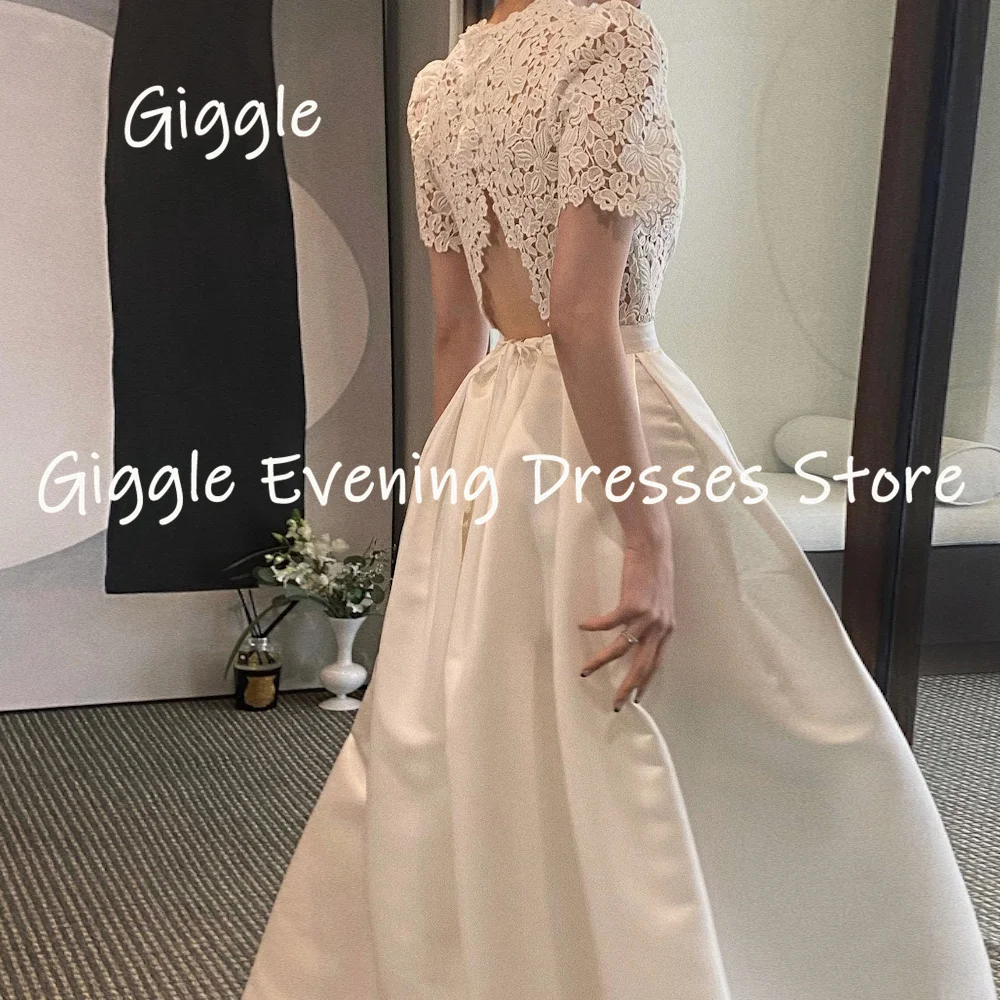 Giggle elegante pizzo bianco e raso scollo a o maniche corte abiti da sposa con Backless vestidos de novia Lace Up