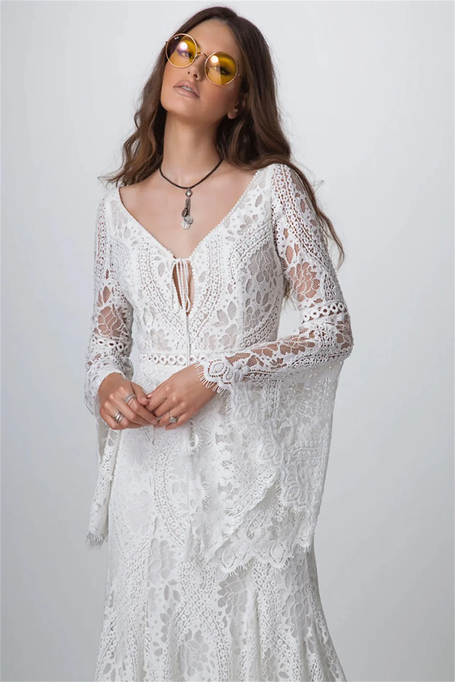 Lorrtta-Vestidos de Novia de encaje de ganchillo Vintage, vestidos de novia bohemios de manga larga con cuello en V, sirena Hippie, Occidental, campo