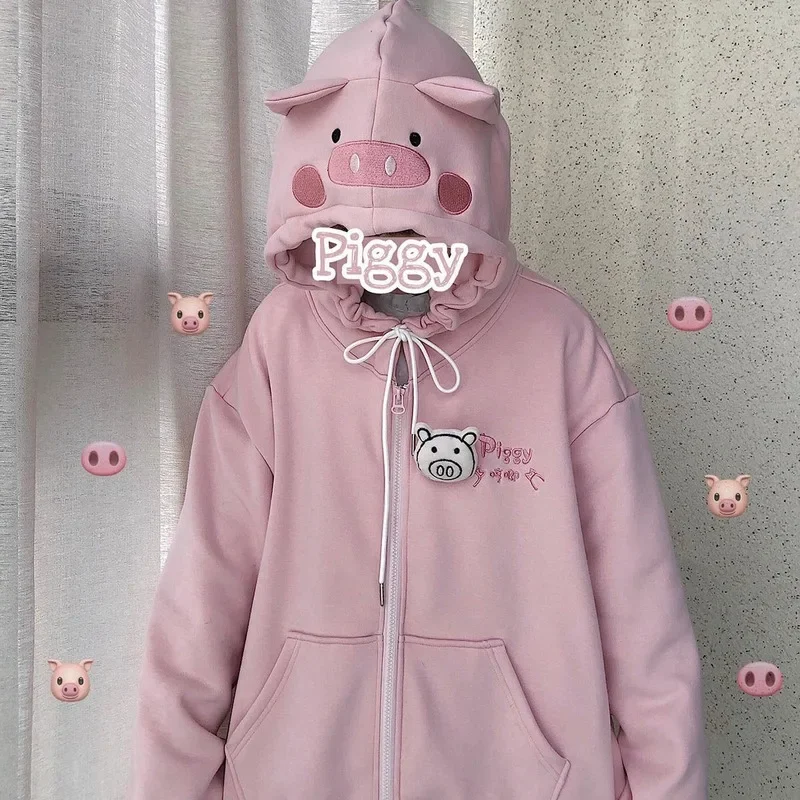 Kawaii Hoodies Cute Pig Women Winter Fashion Pink Hoodies Oversized Japanese Style Long Sleeve y2k Tops Velvet Sweatshirt Women