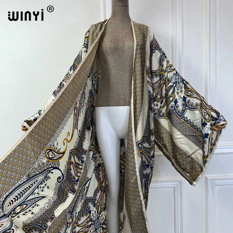 WINYI 2024 summer kimono boho print beach cover up Swim Suit elegant African women boho Cardigan sexy Holiday silk feeling dress