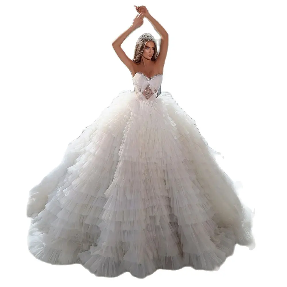 จีบสีขาวงานแต่งงานชุดคริสตัลใหม่เซ็กซี่ Sweetheart Tulle แปรง Train ชุดเจ้าสาวขาย Hot Robe De Mariage Vestido